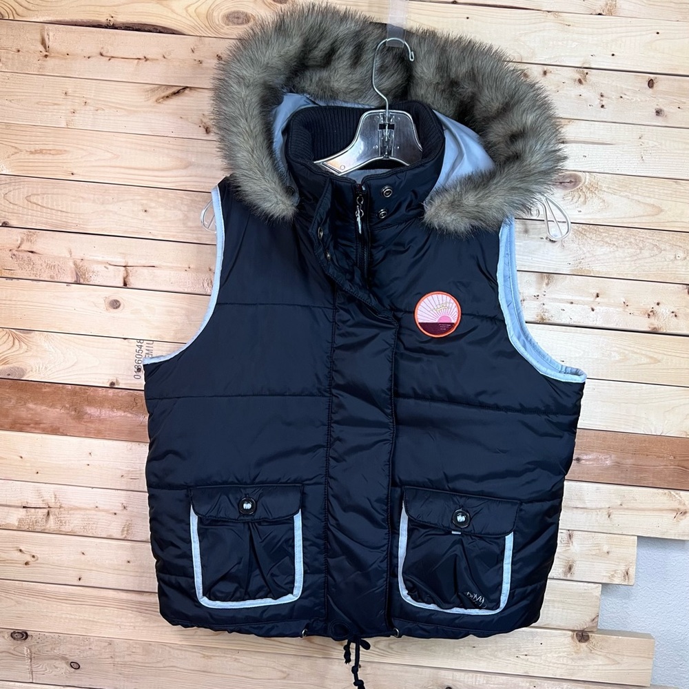 ROXY Women’s Vintage Black sky Puffer Full Zip Hoodie Vest Jacket Junior size L